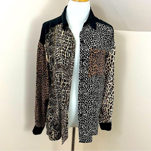 Vintage Allison Taylor Silk Blouse Button Down Mixed Animal Print M - Picture 1 of 9